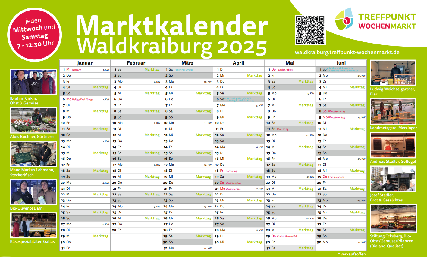 Ihr Marktkalender 2025 - alles Wichtige für den Wochenmarkt in Waldkraiburg auf einen Blick.
