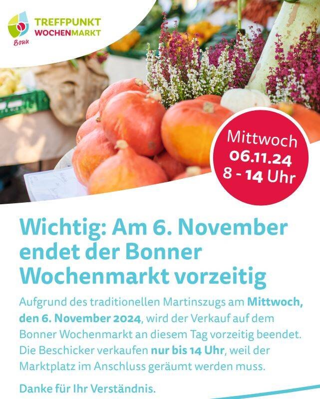 Verkauf auf dem Bonner Wochenmarkt endet am 6. November 2024 bereits um 14 Uhr