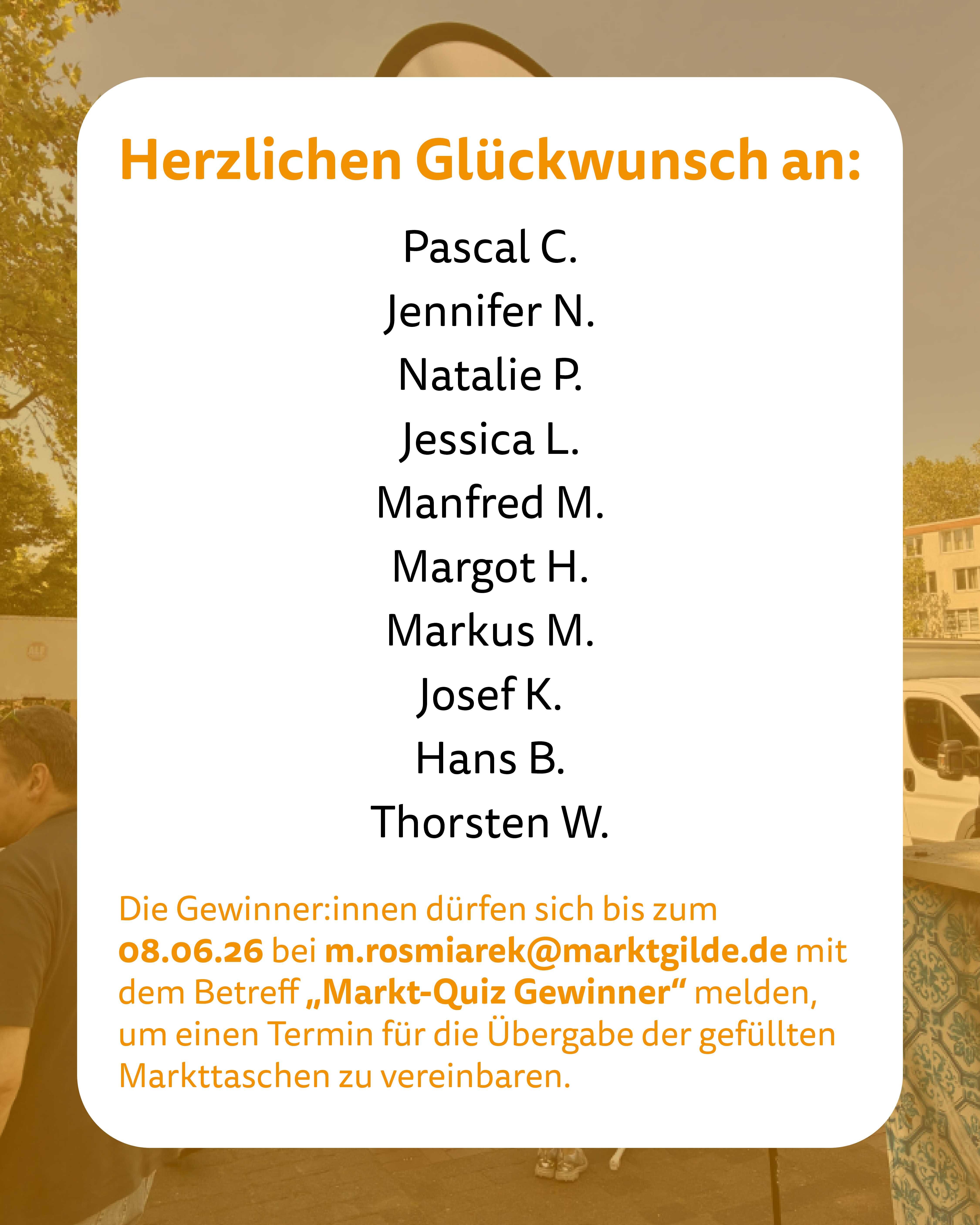 Die Gewinner:innen des Markt-Quiz vom 28. Mai